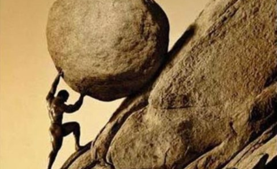 Sisyphus pushing the boulder up the hill again